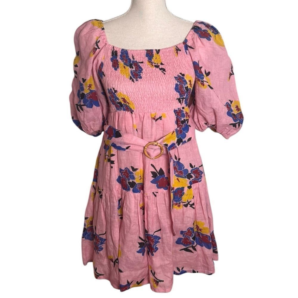 Place Nationale Pink Linen Floral Mini Dress Small